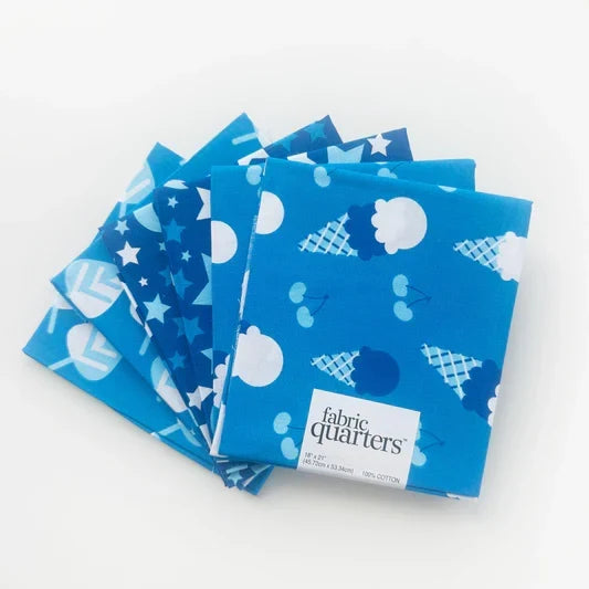 6 Fat Quarters - 3 Prints x 2 of Each Aqua Ice Cream 100% Cotton Precut Blue