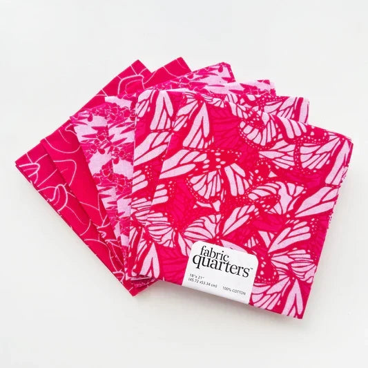 6 Fat Quarters - 3 Prints x 2 of Each Pink Butterflies 100% Cotton Precut