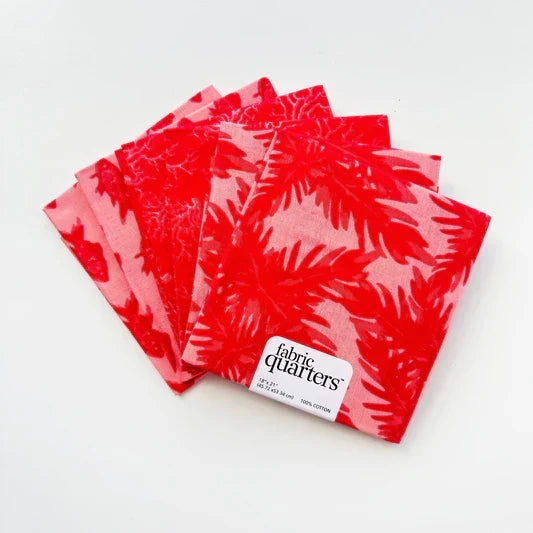 6 Fat Quarters - 3 Prints x 2 of Each Red Nature Silhouette 100% Cotton Precut
