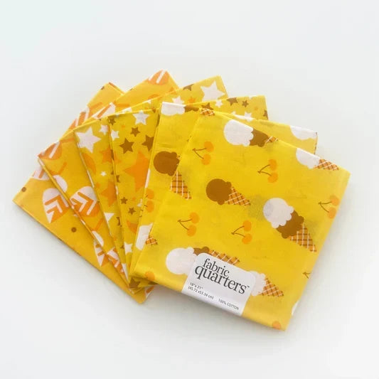 6 Fat Quarters - 3 Prints x 2 of Each Yellow Ice Cream 100% Cotton Precut