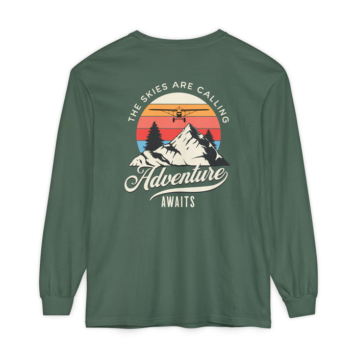 Adventure Long Sleeve Tee — “The Skies Are Calling” Mountain & Plane Graphic