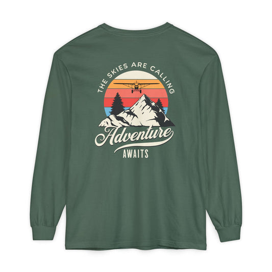 Adventure Long Sleeve Tee — “The Skies Are Calling” Mountain & Plane Graphic
