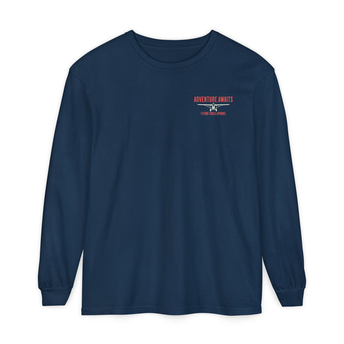 Adventure Long Sleeve Tee — “The Skies Are Calling” Mountain & Plane Graphic
