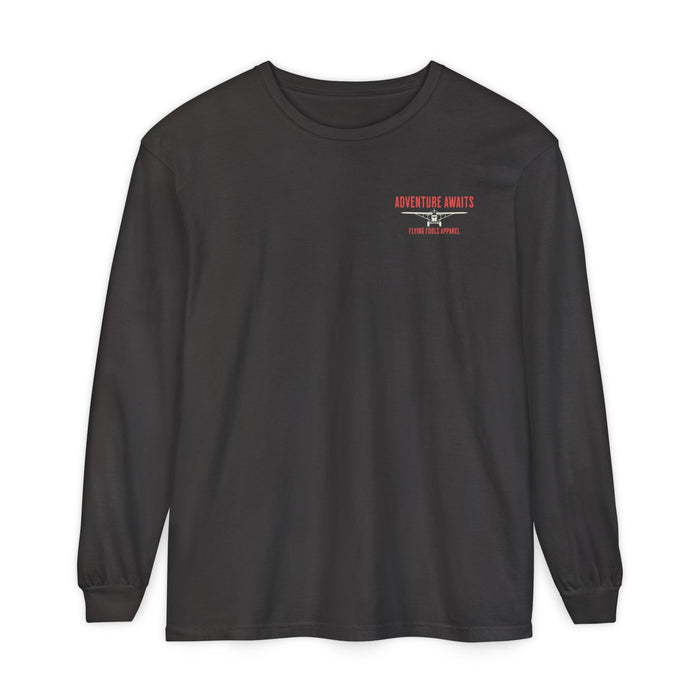 Adventure Long Sleeve Tee — “The Skies Are Calling” Mountain & Plane Graphic