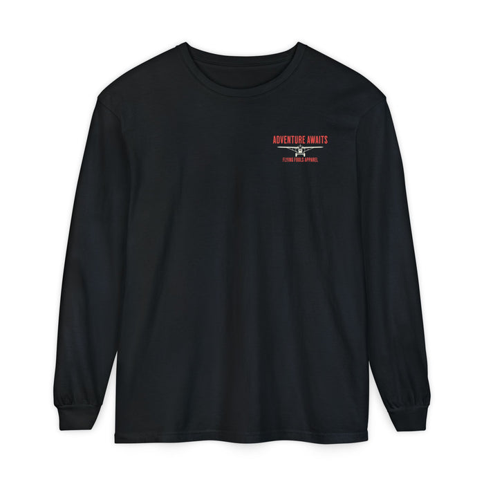 Adventure Long Sleeve Tee — “The Skies Are Calling” Mountain & Plane Graphic