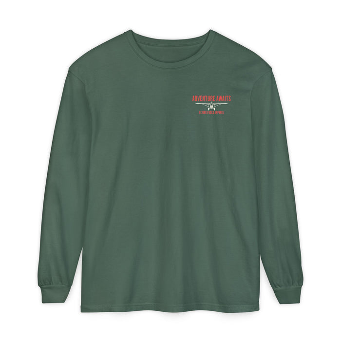 Adventure Long Sleeve Tee — “The Skies Are Calling” Mountain & Plane Graphic
