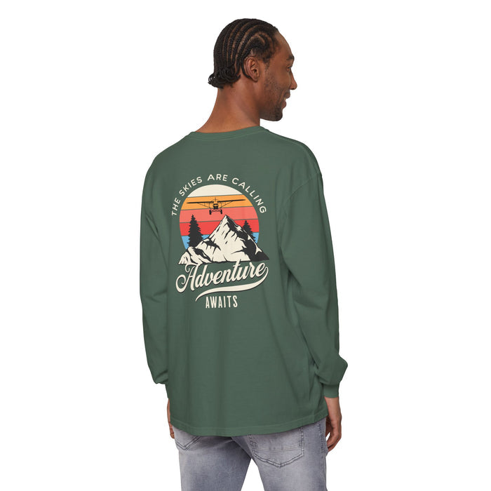 Adventure Long Sleeve Tee — “The Skies Are Calling” Mountain & Plane Graphic