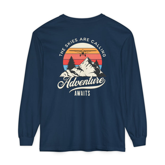 Adventure Long Sleeve Tee — “The Skies Are Calling” Mountain & Plane Graphic