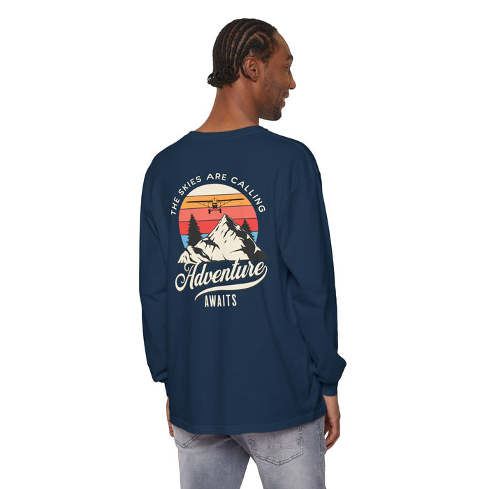 Adventure Long Sleeve Tee — “The Skies Are Calling” Mountain & Plane Graphic