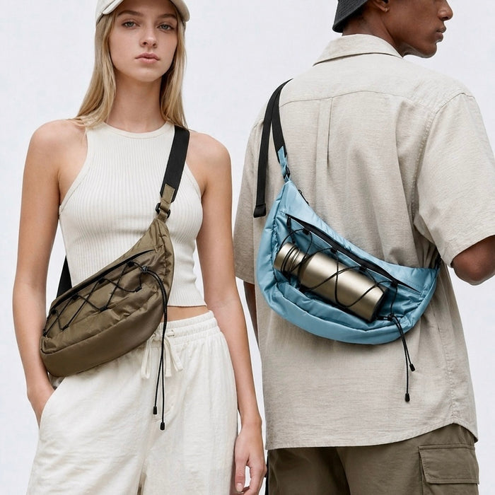 Two models wearing earth brown and light blue nylon sling bags, demonstrating a modern Gorpcore urban aesthetic.