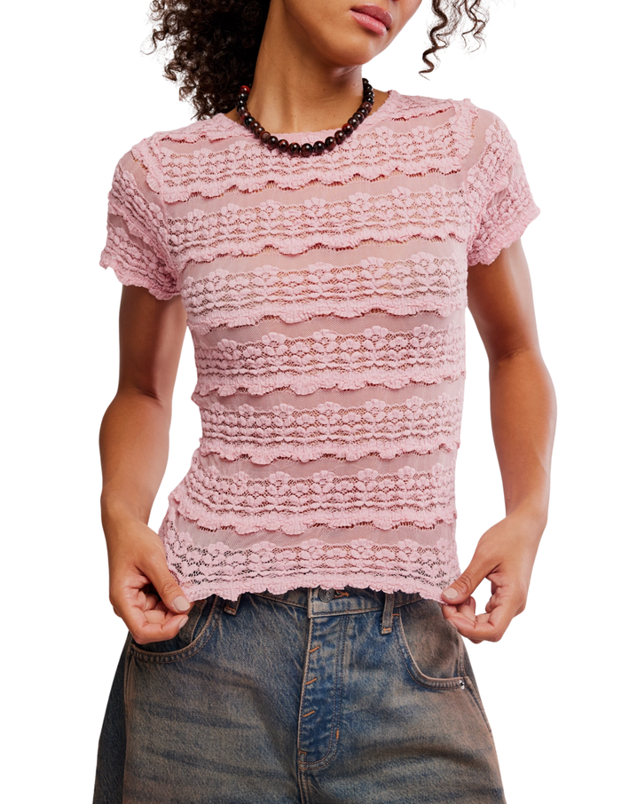 Angelina Lace Tee in Blushing Coral - Madison's Niche