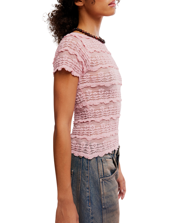 Angelina Lace Tee in Blushing Coral - Madison's Niche