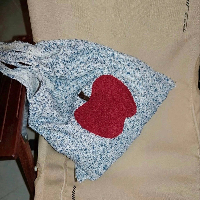 Blue and white knit polyester bag with a large red apple design and two grab straps. easy for commuting and weekends.
