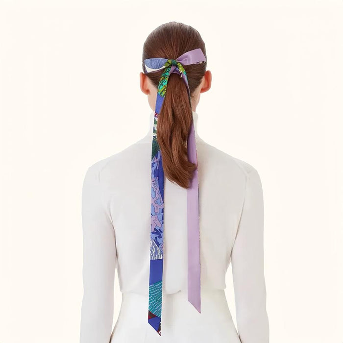 Model wearing a polyester scarf in purple, great for office layering and commuting.