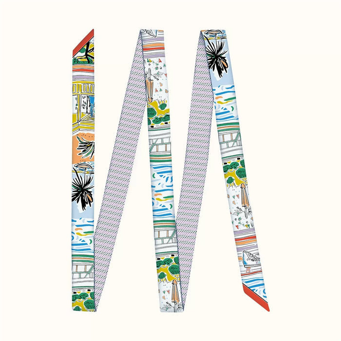 Close-up of Artistic Print Skinny Scarf, easy for travel packing and gifting.