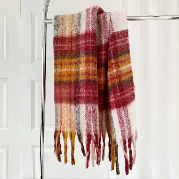 Flat lay of Autumn Ember Plaid Scarf in burgundy and maroon and red, ideal for everyday styling and weekend outings.
