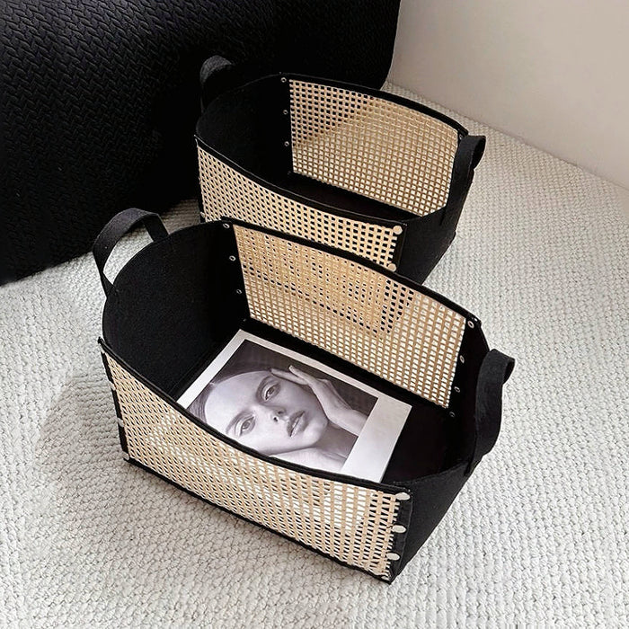 Top view of Bamboo Foldable Storage Basket with magazine inside, easy for  storage.