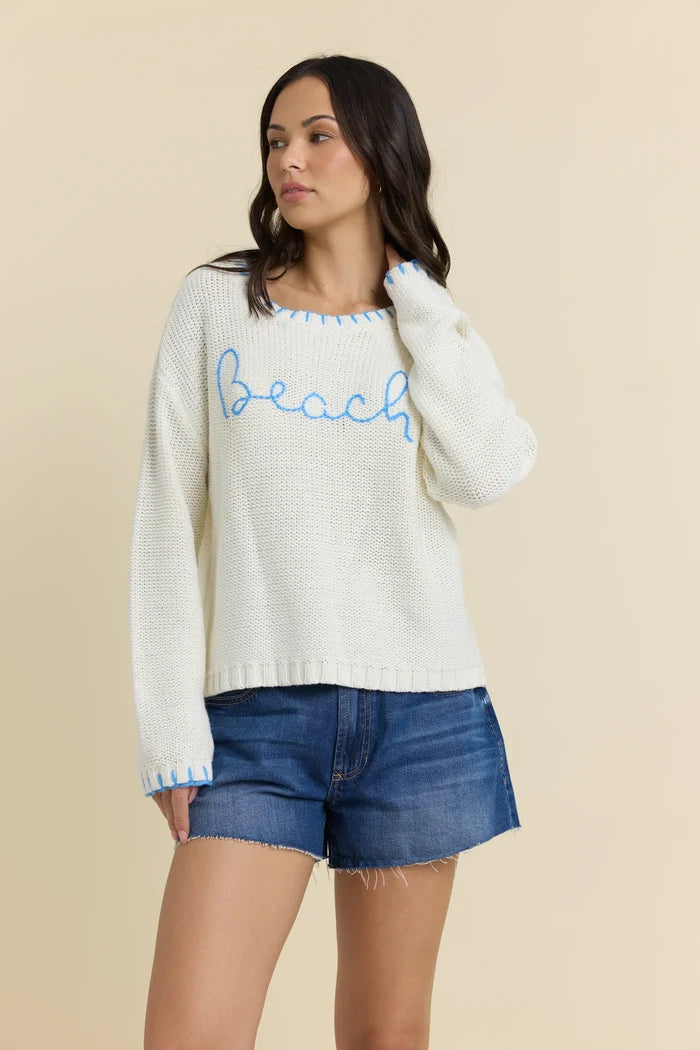 Beach Sweater with Blue Whip Stitch - Madison's Niche