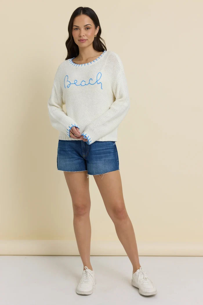 Beach Sweater with Blue Whip Stitch - Madison's Niche