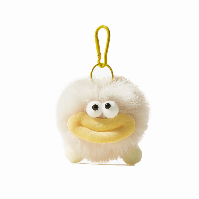 White plush big mouth coal bag charm, soft monster accessory with yellow clip.