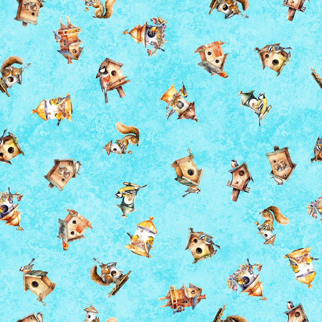 Birdsong Birdhouse Toss on Blue Aqua 100% Cotton