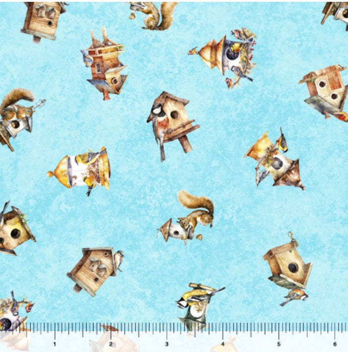 Birdsong Birdhouse Toss on Blue Aqua 100% Cotton
