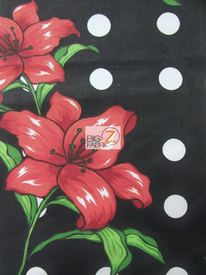 Black Bellflower Polka Dot Print Polyester Cotton Fabric