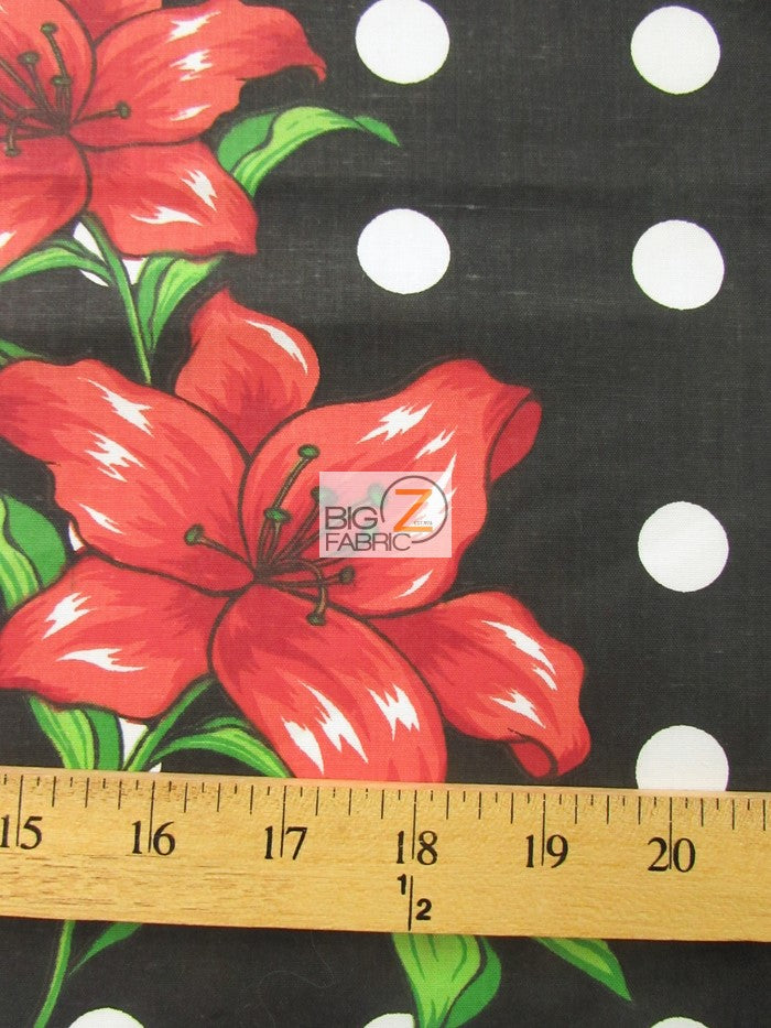 Black Bellflower Polka Dot Print Polyester Cotton Fabric