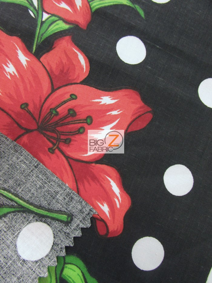 Black Bellflower Polka Dot Print Polyester Cotton Fabric