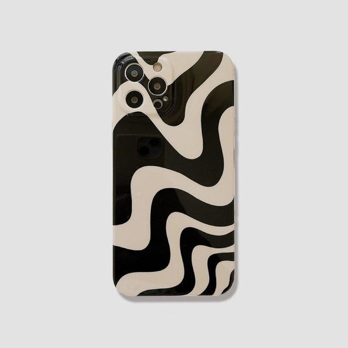 Black and white wavy acrylic iPhone case with precise camera cutouts. Minimalist monochromatic design for iPhone.