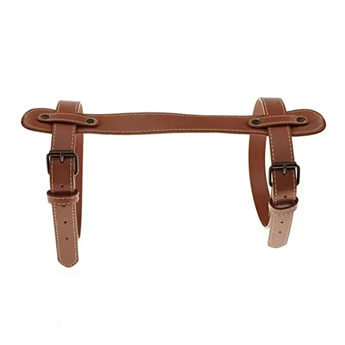 Front view of Brown PU leather blanket strap with two adjustable buckle closures and decorative stitching.