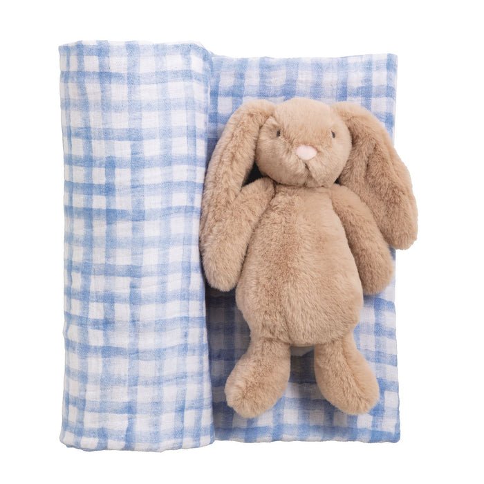Blue Check Swaddle & Rattle - Madison's Niche