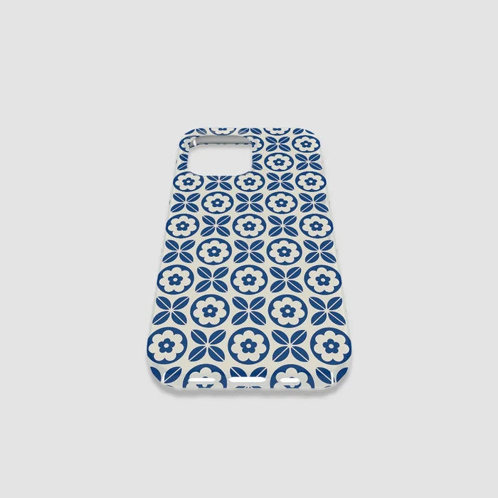 Detailed leaf design on blue and white porcelain pattern silicone iPhone case. Vintage floral art accessory.