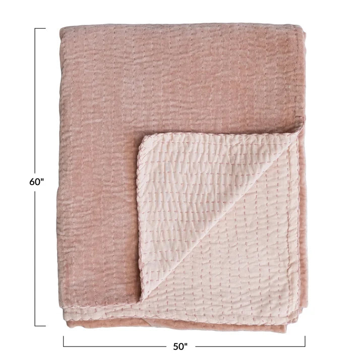 Blush Velvet Kantha Stitch Throw - Madison's Niche