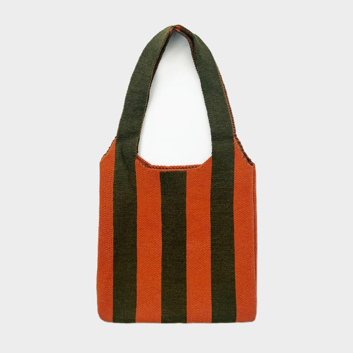 Folded view of Bold Band Knit Bag in orange, easy for commuting and weekends.