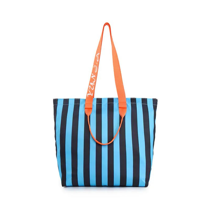 Angled view of Polyester tote bag with bold blue and black vertical stripes, orange shoulder straps, and grab handles.