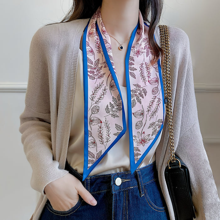Model wearing a silk scarf in blue, easy for weekend styling and gifting.