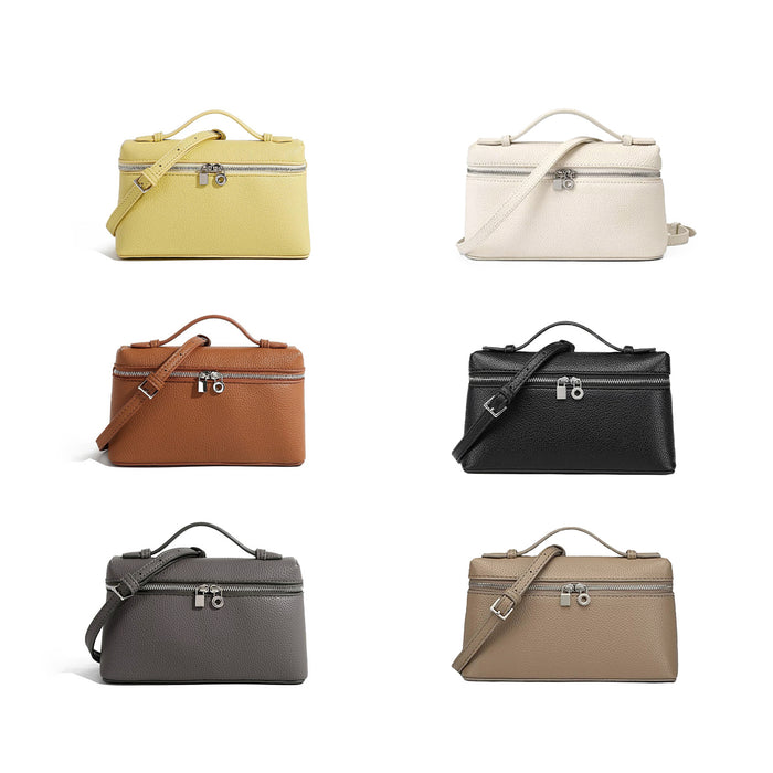 Front view of Six Boxy Glamour PU leather bags in yellow, white, brown, black, grey, and taupe, with top handles.