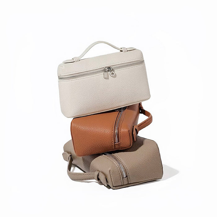 Three colors of  boxy Glamour Leather Bag shown together.