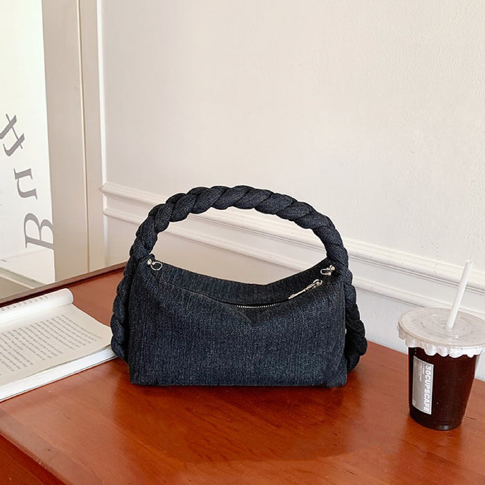 Front view of Braided Handle Denim Handbag in black, ideal for errands and gifting.