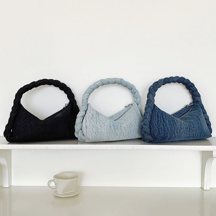 Angled view of three Braided Handle Denim Handbag shown together, great for everyday carry and travel.