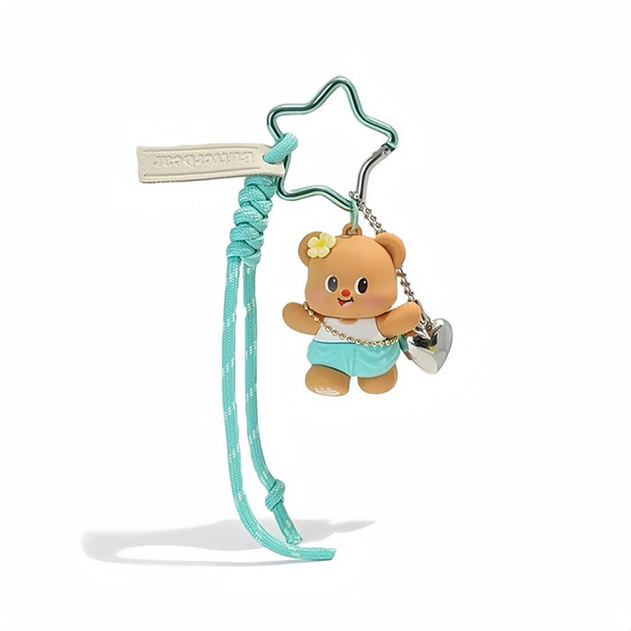 Folded view of Butter Bear Bag Charm withe turquoise rope and star keyring, easy to attach to bags and phones.