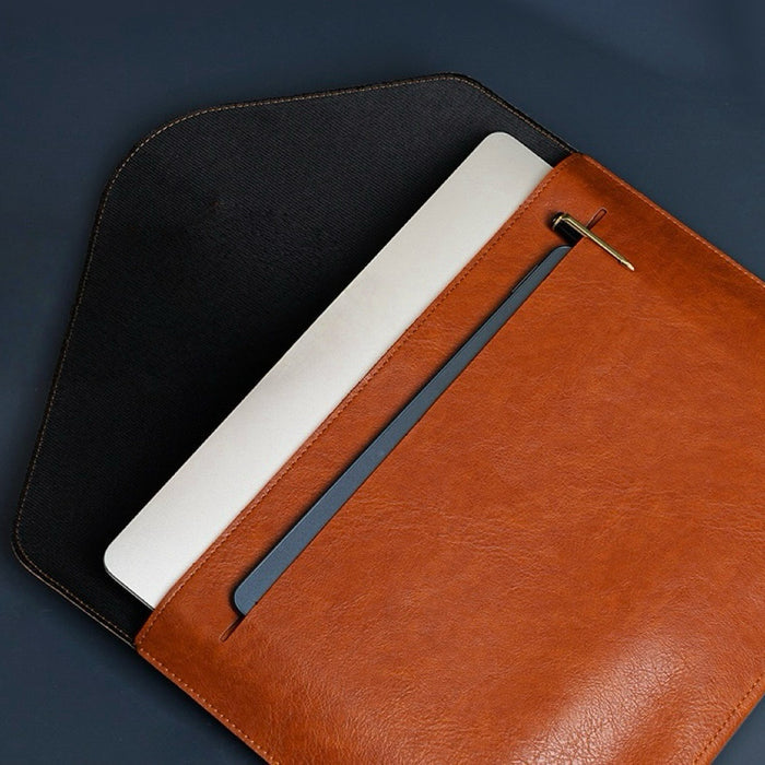Close-up of brown Buttoned Leather File Folder, great for everyday carry and travel.