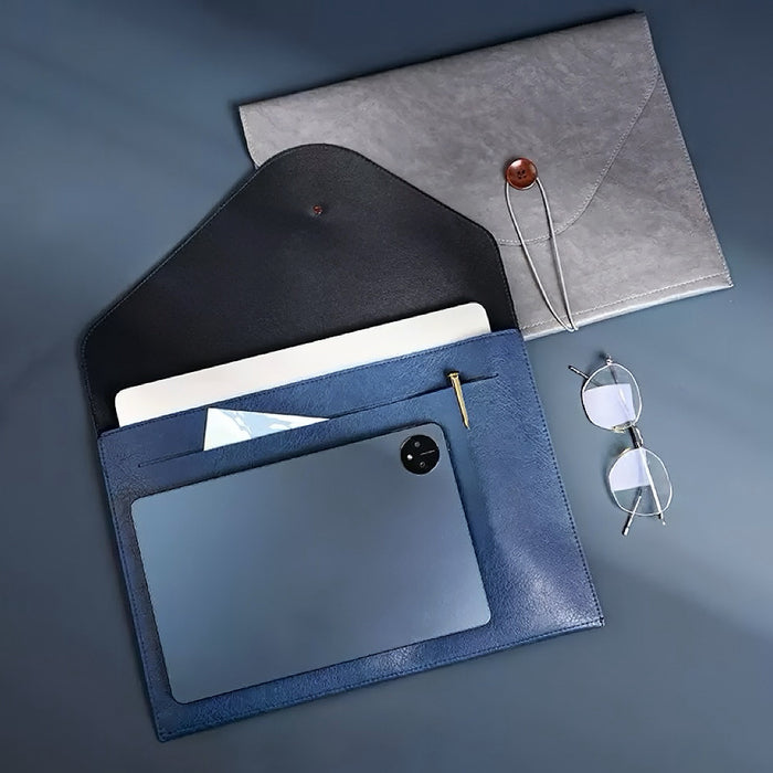 Folded view of Buttoned Leather File Folder bag in blue, great for everyday carry and travel.