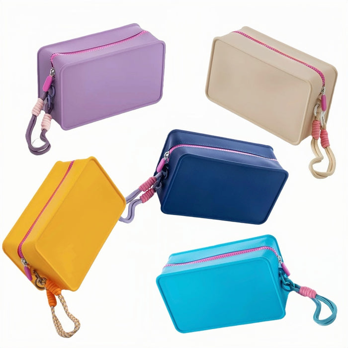 Large size candy-colored travel pouches scattered on a neutral background emphasizing the 5 available color options.