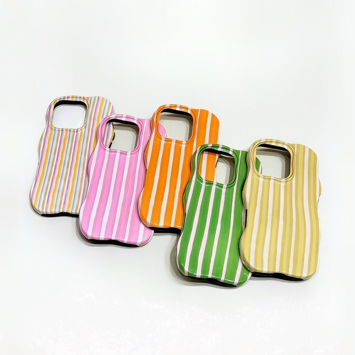 Five candy-striped wavy cases are placed on a white background.