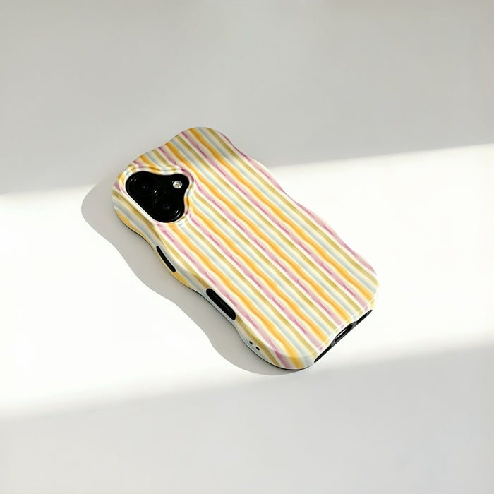 Multi-color pastel striped wavy phone case displayed flat with soft shadows.