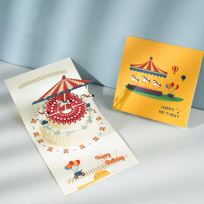 Close-up of Carousel Birthday Card, great for gifting and special occasions.