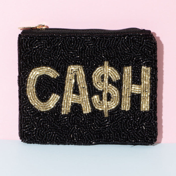 Black beaded pouch with 'CASH' in gold letters on a pink background