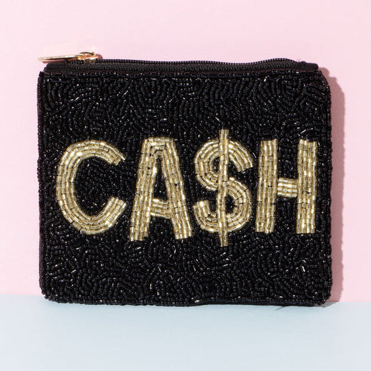 Black beaded pouch with 'CASH' in gold letters on a pink background